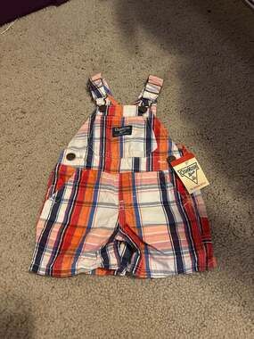 NWT OshKosh B'gosh Baby Boy Plaid Shortalls Overalls 6M Orange Blue White
